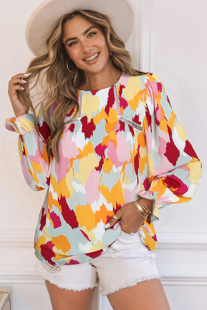 Multicolor Abstract Print Boho Ruffle Long Sleeve Blouse