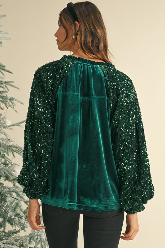 Evergreen Velvet Sequin Patchwork Sleeve Button Up Blouse