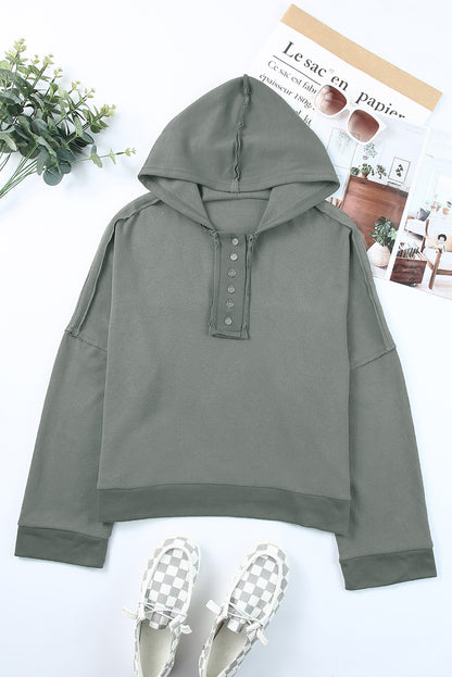 Black Button Front Plain Pullover Hoodie