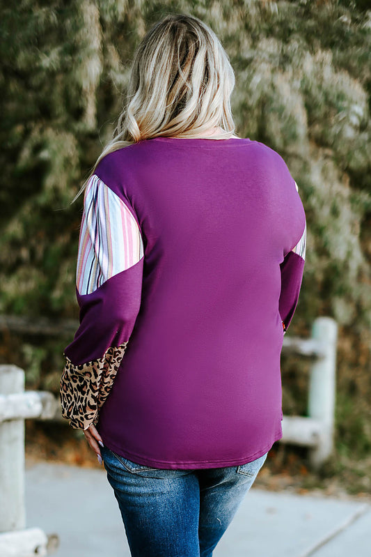 Purple Color Block Leopard Striped Sleeve Plus Size Top