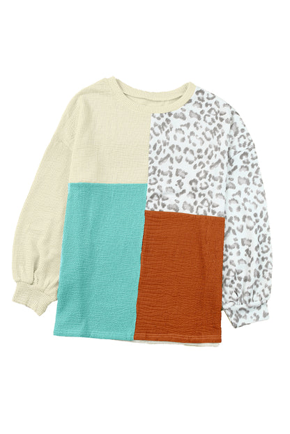 Cheetah Print Color Block Casual Pullover Long Sleeve Top