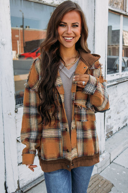 Orange Plaid Patchwork Frayed Trim Snap Button Hooded Jacket