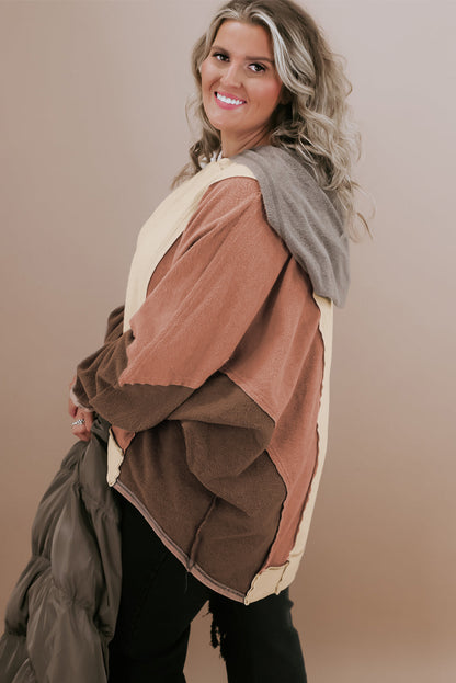 Brown Plus Size Exposed Seam Patchwork Sweatshirt