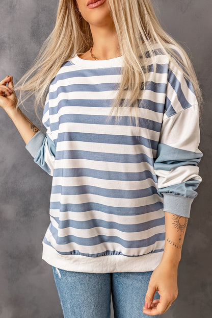 Blue Striped Casual Drop Shoulder Pullover Sweatshirt