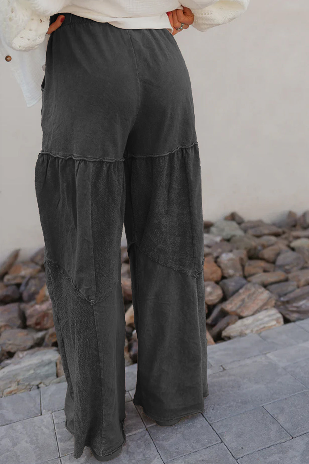 Vineyard Green Mineral Wash Tiered Wide Leg Patchwork Drawstring Pants