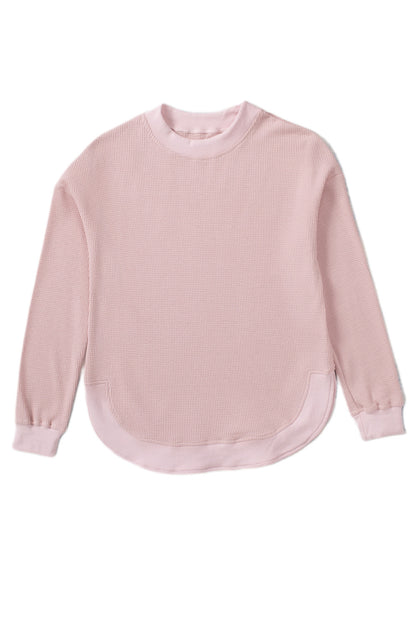 Pink Waffle Knit Crew Neck Casual Long Sleeve Top