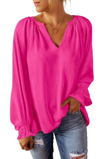 Rose Pleated V Neck Puffy Sleeve Blouse