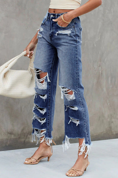 Blue Heavy Destroyed Raw Hem Wide Leg Jeans