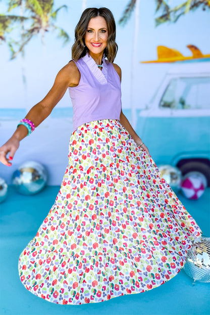 Pink Bohemian Abstract Print Tiered Maxi Skirt