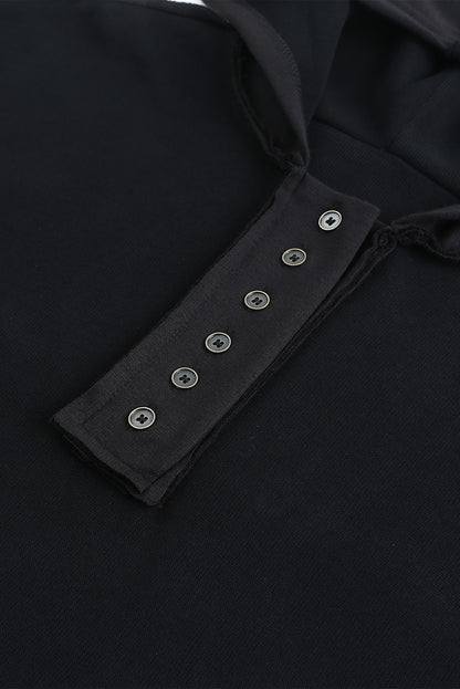 Black Button Front Plain Pullover Hoodie