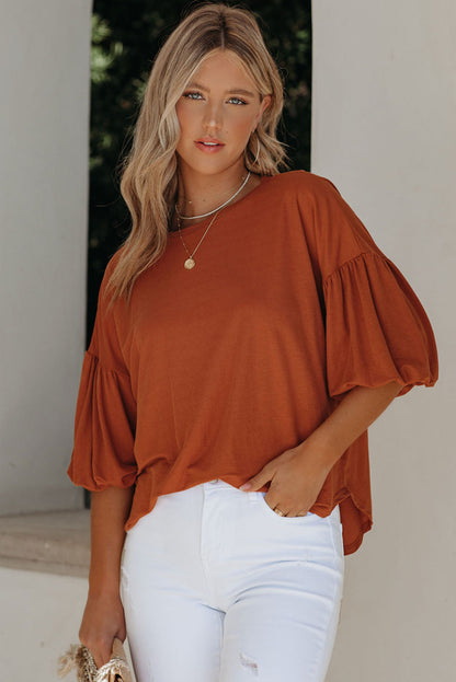 Orange Solid Color Casual Bishop Sleeve Blouse