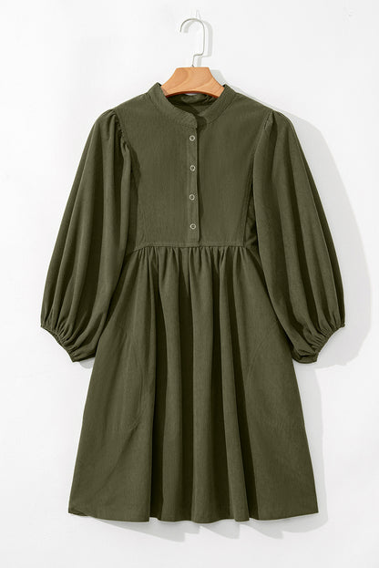Light Blue Snap Button Empire Waist Lantern Sleeve Corduroy Dress