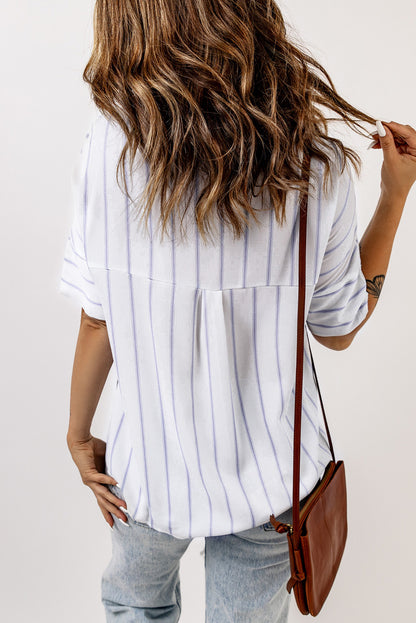 Black Striped Casual Short Sleeve Shirt with Pocket