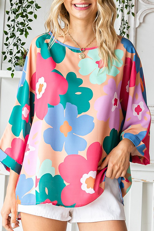 Pink Boho Floral Print Bell Sleeve Blouse