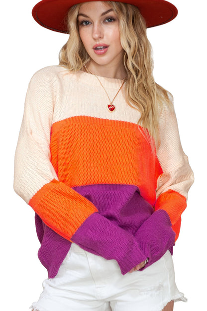 Multicolor Color Block Drop Shoulder Round Neck Knit Sweater