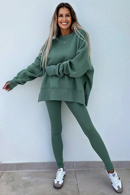 Green Bay Solid Color Oversize Slit Sweatshirt Ribbed Leggings Set
