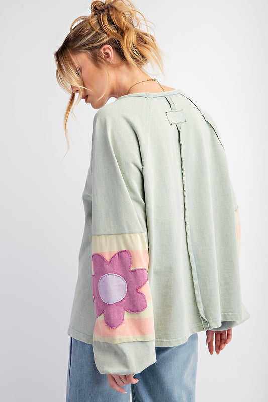 Smoke Green Flower Patchwork Exposed Seam Raglan Sleeve Top