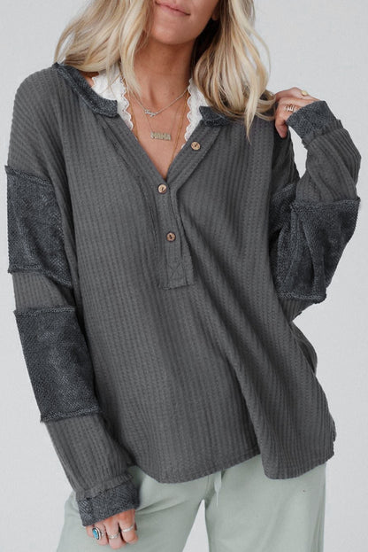 Gray Contrast Patched V Neck Waffle Knit Henley Top