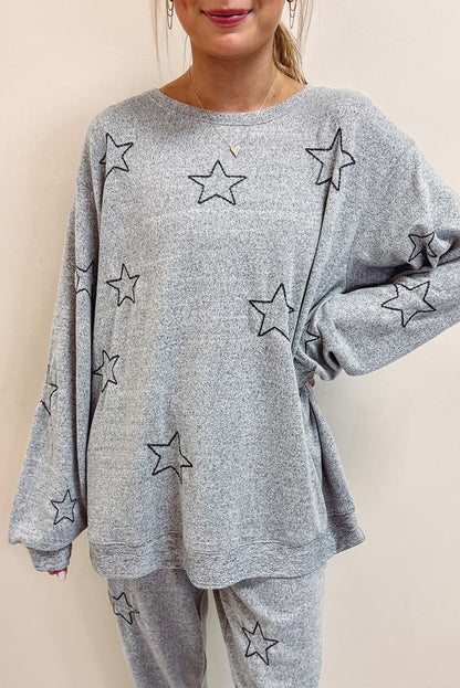 Gray Stars Print Long Sleeve Top and Drawstring Pants Set