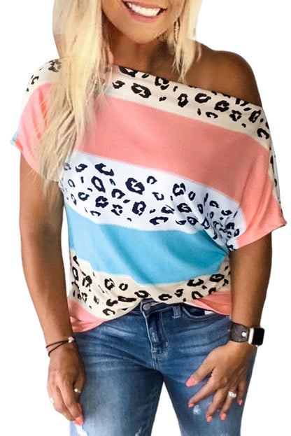 Leopard Print and Stripes Color Block Short Sleeve Boat Neck Top