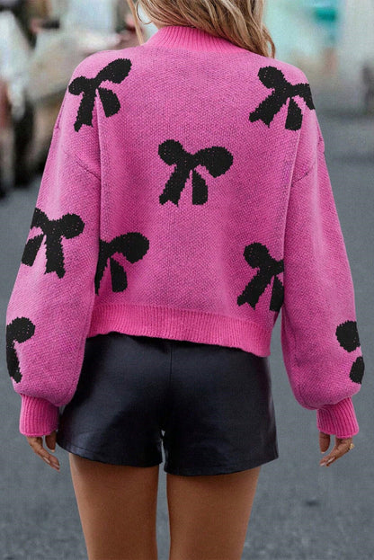 Bright Pink Pearl Embellished Bow Pattern Loose Sweater