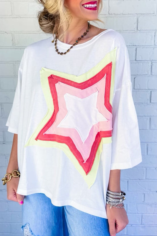 White Colorblock Star Patched Half Sleeve Oversized Tee