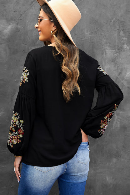 Black Flower Embroidered Jewel Neckline Long Sleeve Shirt