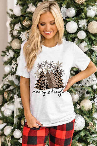 Black Leopard Christmas Tree Heat Transfer Printing Crew Neck Graphic T Shirt