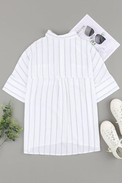 Black Striped Casual Short Sleeve Shirt with Pocket