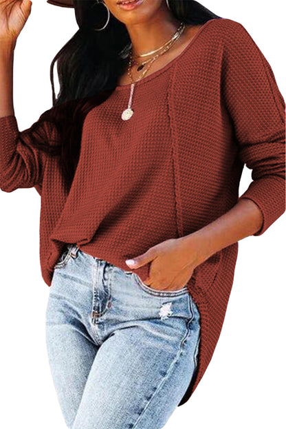 Red Waffle Knit Patchwork Casual Long Sleeve Top