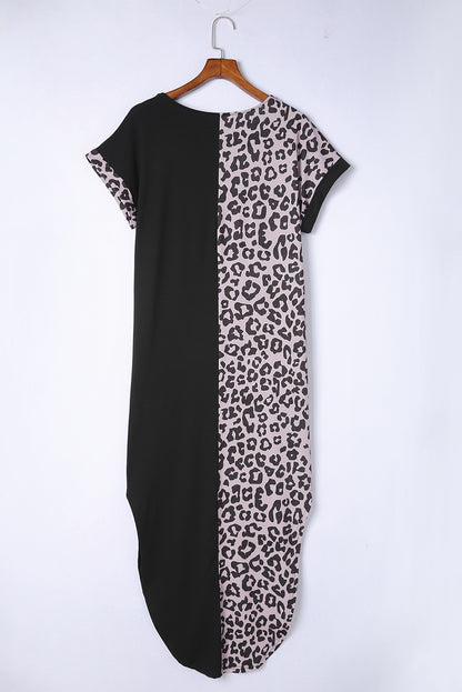 Rose Leopard Patchwork Pocket Casual T-Shirt Dress With Slits