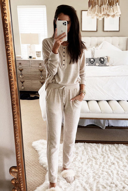 Apricot Long Sleeve Button Top & Drawstring Pants Set