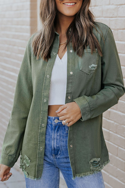 Light Blue Ripped Raw Hem Casual Button Up Denim Jacket