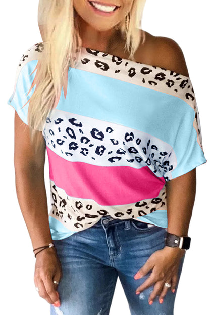 Leopard Print and Stripes Color Block Short Sleeve Boat Neck Top