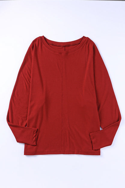 Red Basic Solid Color Seam Patchwork Long Sleeve Top