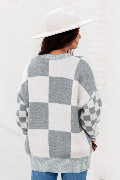 Mint Green Plaid Knitted Drop Shoulder Sweater