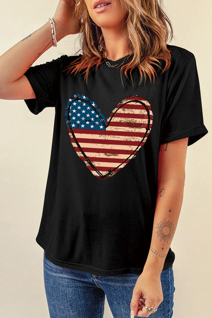 Black American Flag Heart Shape Graphic Round Neck Tee