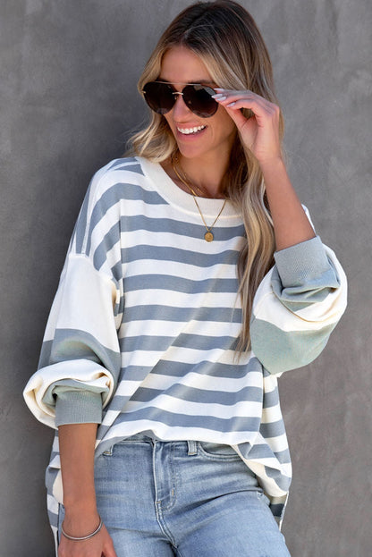 Blue Striped Casual Drop Shoulder Pullover Sweatshirt