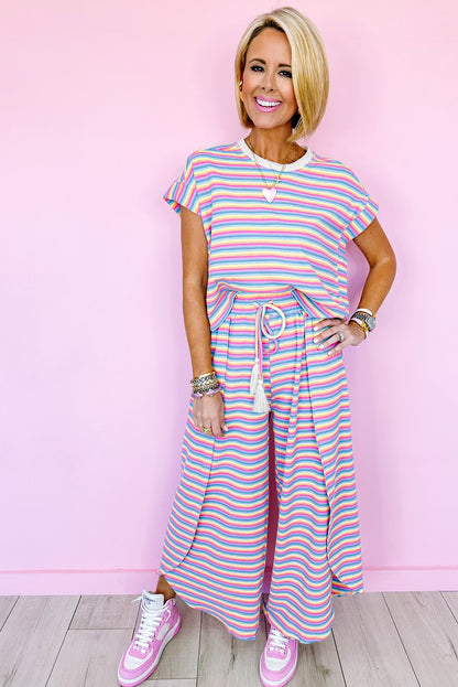 Pink Stripe Rainbow Tee and Tassel Drawstring Wide Leg Pants Set