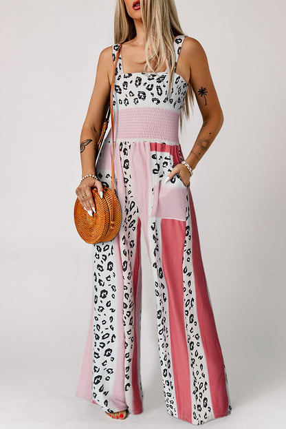 Leopard Color Block Mix Print Pocketed Jumpsuit