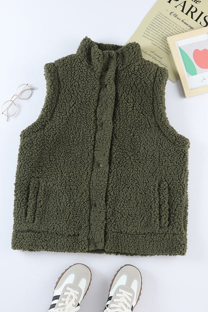 Green Snap Button Collared Stand Neck Sherpa Vest