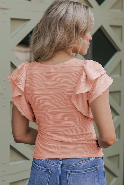 Apricot Pink Casual Plain Wavy Textured Ruffle Sleeve Blouse