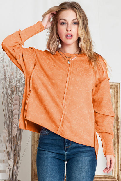 Orange Patchwork Long Sleeve Distress Pullover Top