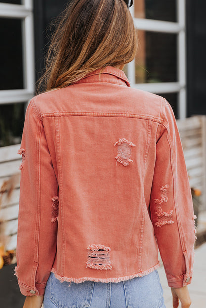 Red Distressed Raw Hem Pocket Buttons Denim Jacket