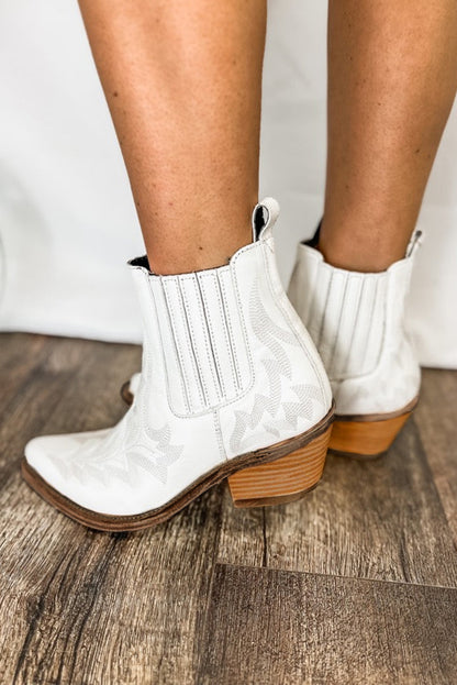 White Embroidered Leather Thick Heel Booties