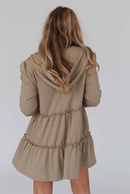 Khaki Tiered Frill Detail Zip-Up Drawstring Hoodie