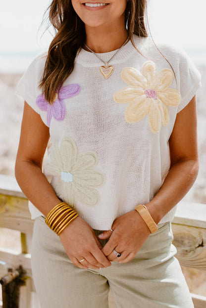 Pink Flower Short Sleeve Crop Knit Tee