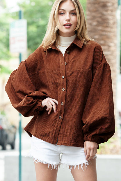 Coffee Corduroy Button Up Lantern Sleeve Jacket