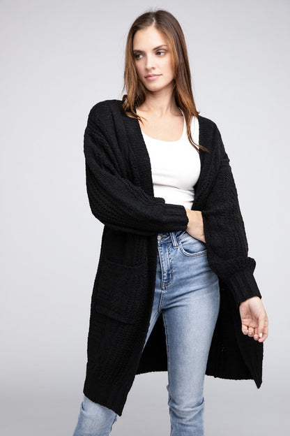 Twist Knitted Open Front Cardigan With Pockets