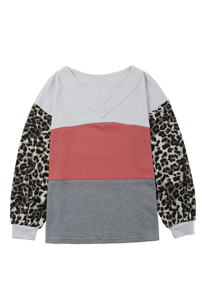 Leopard Print Color Block V Neck Waffle Knit Long Sleeve Top